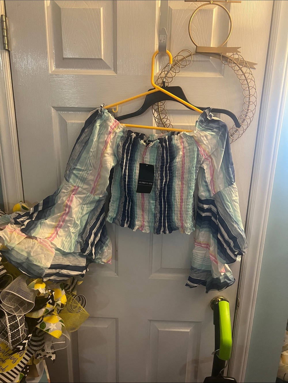 Audrey Lane Striped Off-Shoulder Gypsy Top in Navy/Light Blue & Pink. Size large